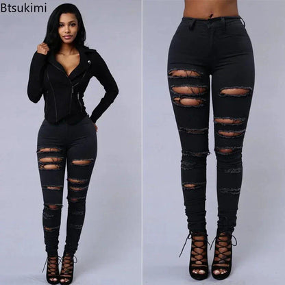 2026 Women's Stretch Skinny Ripped Hole Washed Denim Jeans Female High Waist Pencil Y2k Pants Jeans Ladies Casual Trousers Pants