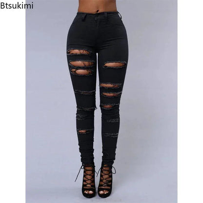 2026 Women's Stretch Skinny Ripped Hole Washed Denim Jeans Female High Waist Pencil Y2k Pants Jeans Ladies Casual Trousers Pants