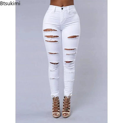 2026 Women's Stretch Skinny Ripped Hole Washed Denim Jeans Female High Waist Pencil Y2k Pants Jeans Ladies Casual Trousers Pants
