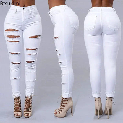 2026 Women's Stretch Skinny Ripped Hole Washed Denim Jeans Female High Waist Pencil Y2k Pants Jeans Ladies Casual Trousers Pants