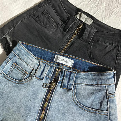Xuan Ya High-Waisted Denim Shorts with Hip Zipper for Effortless Style