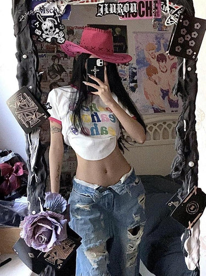 Plus Size American High Street Wide Leg Ripped Denim Women's Summer Retro High Waist Straight-leg Loose Mop Pants Pants