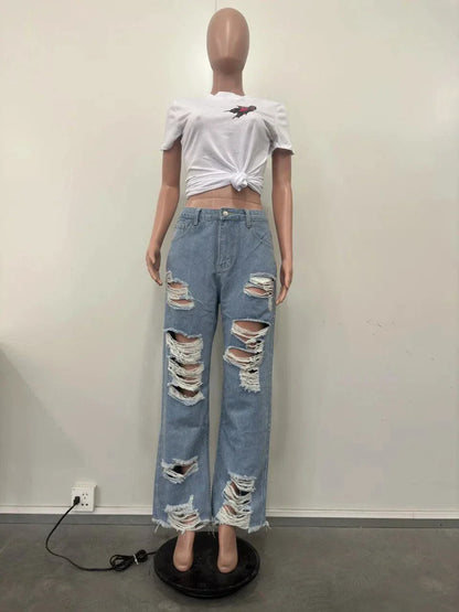 Burnt Flower High Waist Jeans - Trendy Women's Casual Denim Trousers for Spring/Summer 2025
