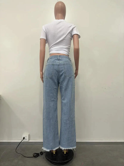Burnt Flower High Waist Jeans - Trendy Women's Casual Denim Trousers for Spring/Summer 2025