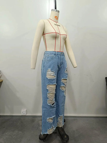 Burnt Flower High Waist Jeans - Trendy Women's Casual Denim Trousers for Spring/Summer 2025