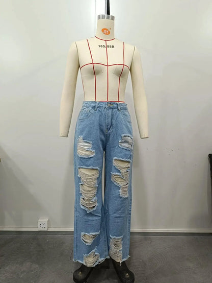 Burnt Flower High Waist Jeans - Trendy Women's Casual Denim Trousers for Spring/Summer 2025