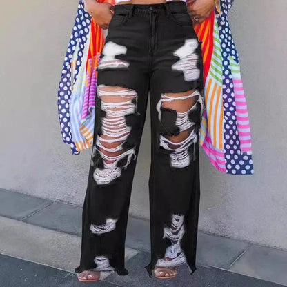 Burnt Flower High Waist Jeans - Trendy Women's Casual Denim Trousers for Spring/Summer 2025